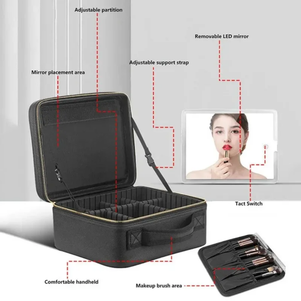 Travel Makeup Case with Smart LED Mirror – Large Capacity - Image 5